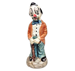 Vintage Bisque Porcelain Clown Figurine Hobo w Cane Taiwan 6” Tall Taiwan